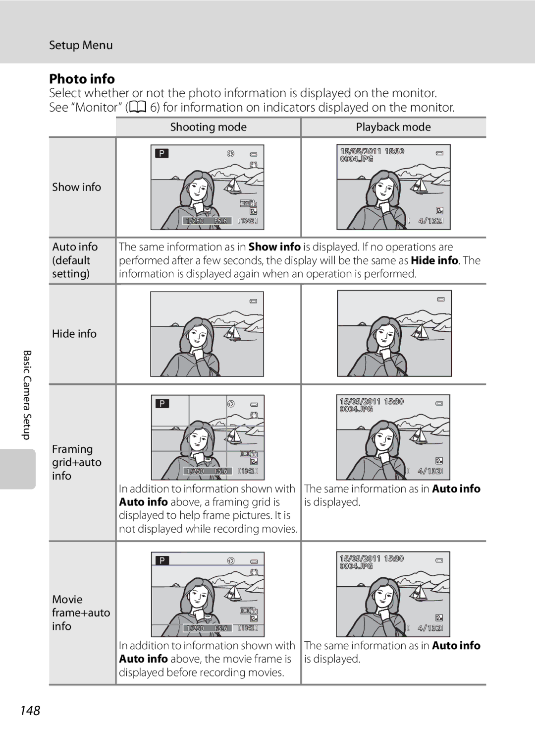 Nikon COOLPIXP300BK user manual Photo info, 148, Default, Auto info above, a framing grid is Is displayed 