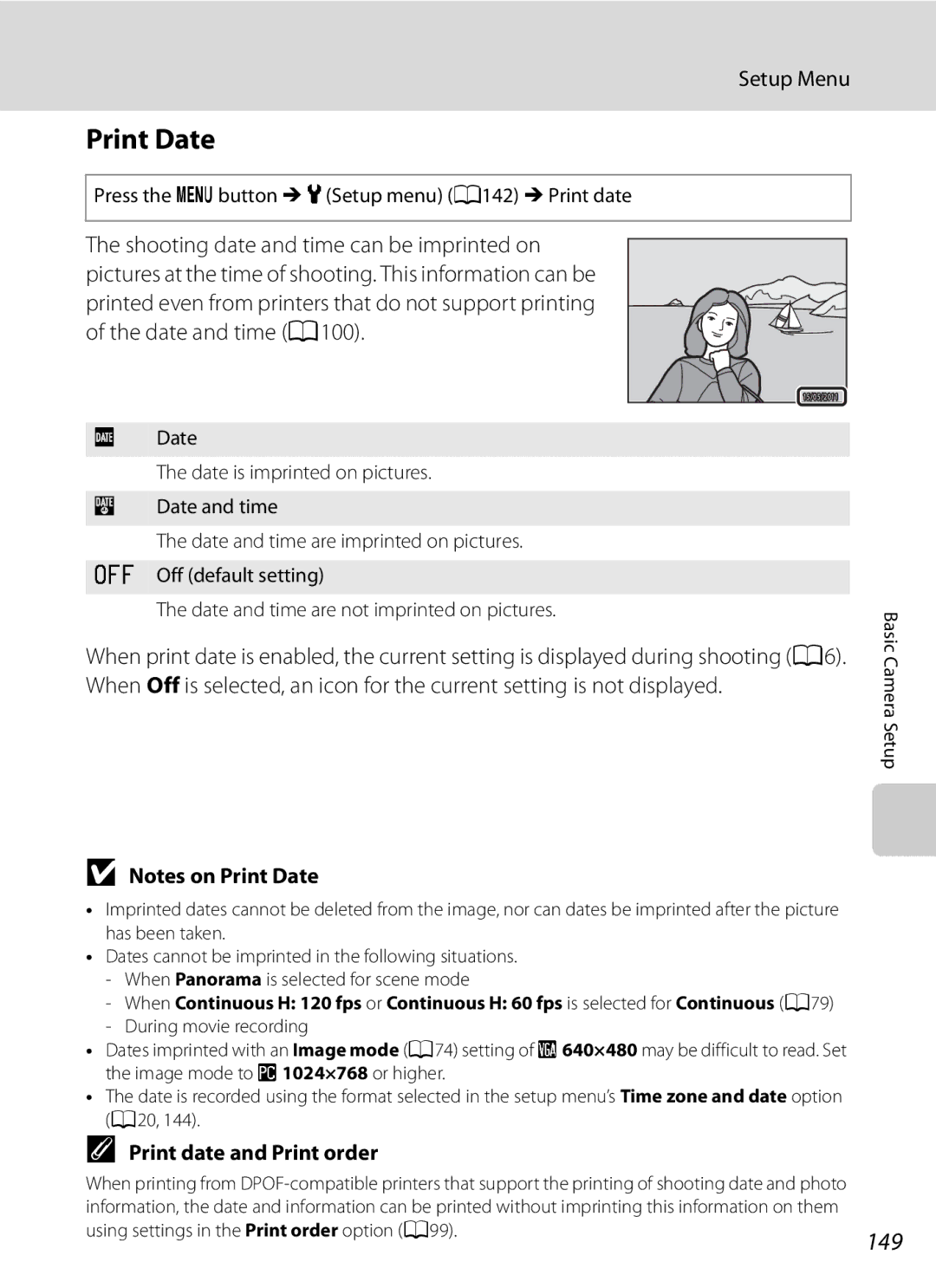 Nikon COOLPIXP300BK Print Date, 149, Print date and Print order, Press the dbutton MzSetup menu A142 MPrint date 