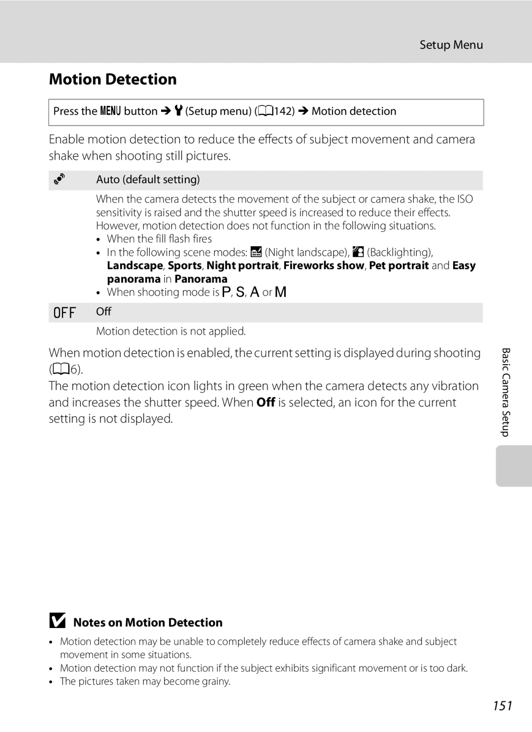 Nikon COOLPIXP300BK user manual Motion Detection, 151, Press the dbutton MzSetup menu A142 MMotion detection 