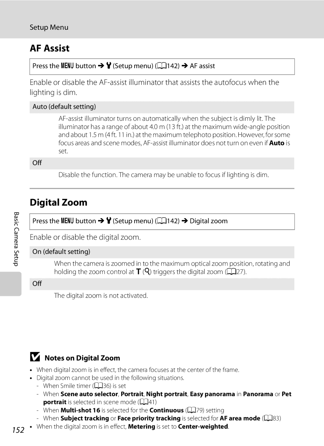 Nikon COOLPIXP300BK user manual AF Assist, Digital Zoom, 152, Enable or disable the digital zoom 