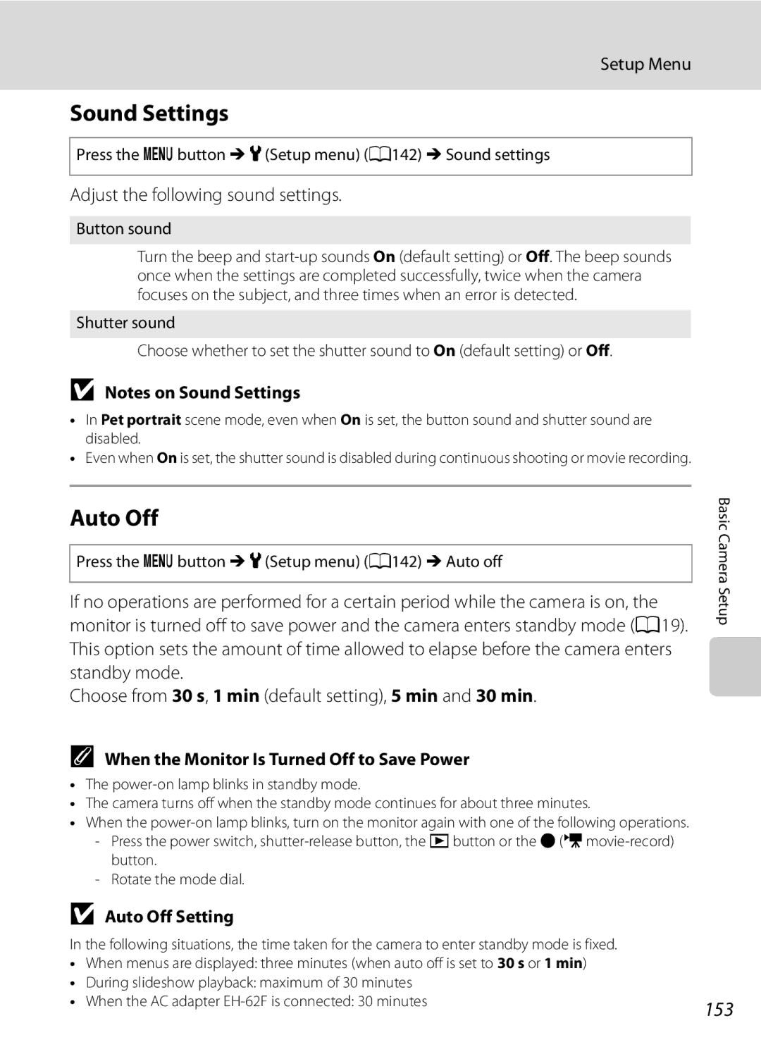 Nikon COOLPIXP300BK user manual Sound Settings, 153, Adjust the following sound settings, Auto Off Setting 