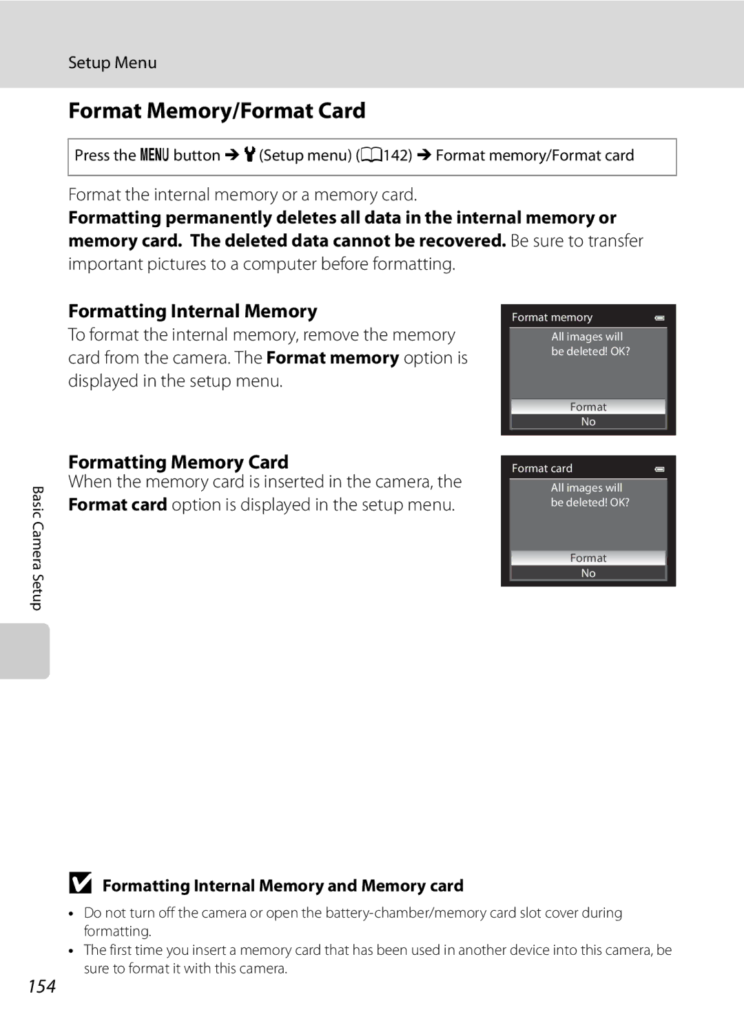 Nikon COOLPIXP300BK user manual Format Memory/Format Card, Formatting Internal Memory, Formatting Memory Card, 154 