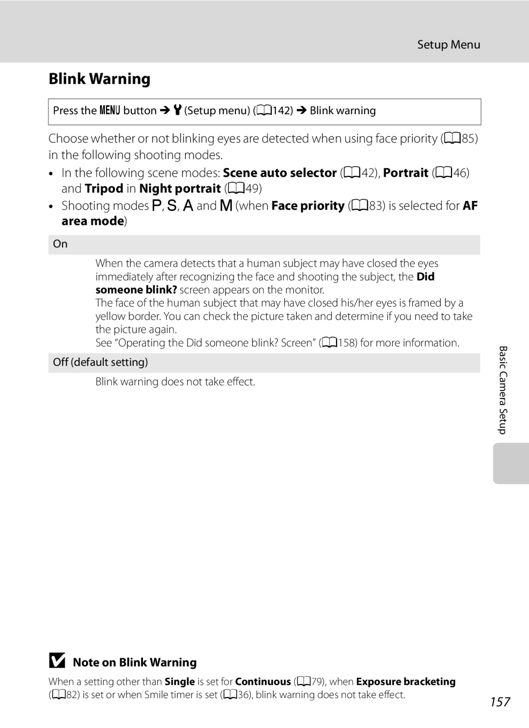 Nikon COOLPIXP300BK user manual Blink Warning, 157, Press the dbutton MzSetup menu A142 MBlink warning 