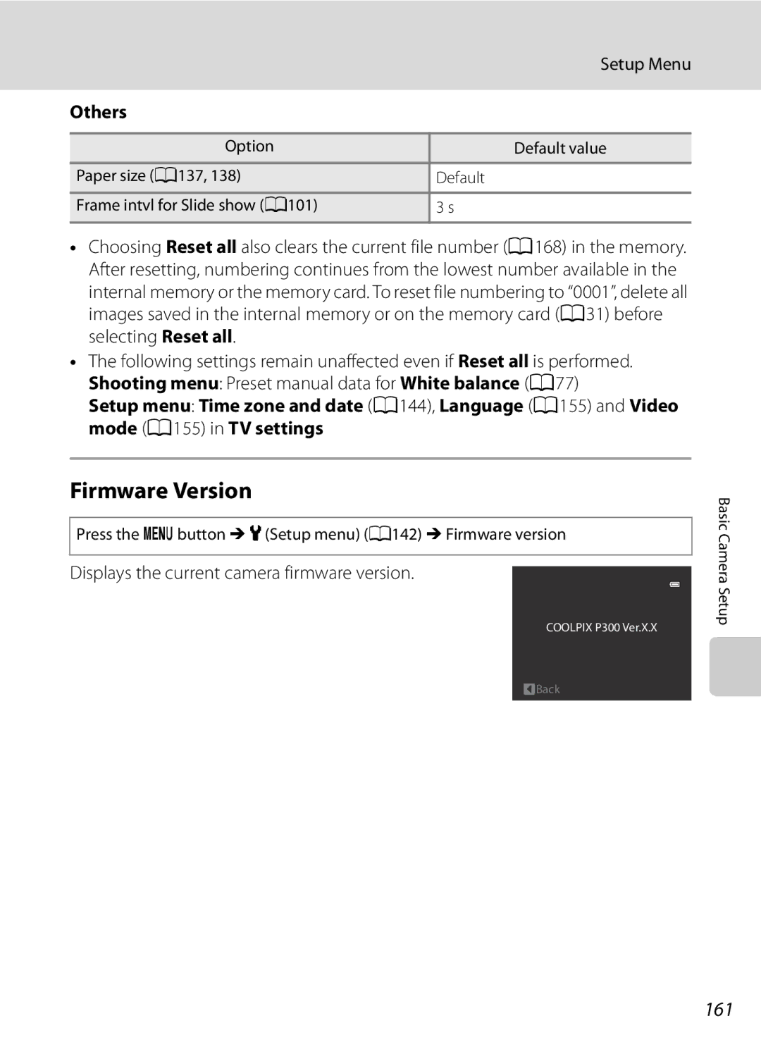 Nikon COOLPIXP300BK user manual Firmware Version, 161, Others, Displays the current camera firmware version 