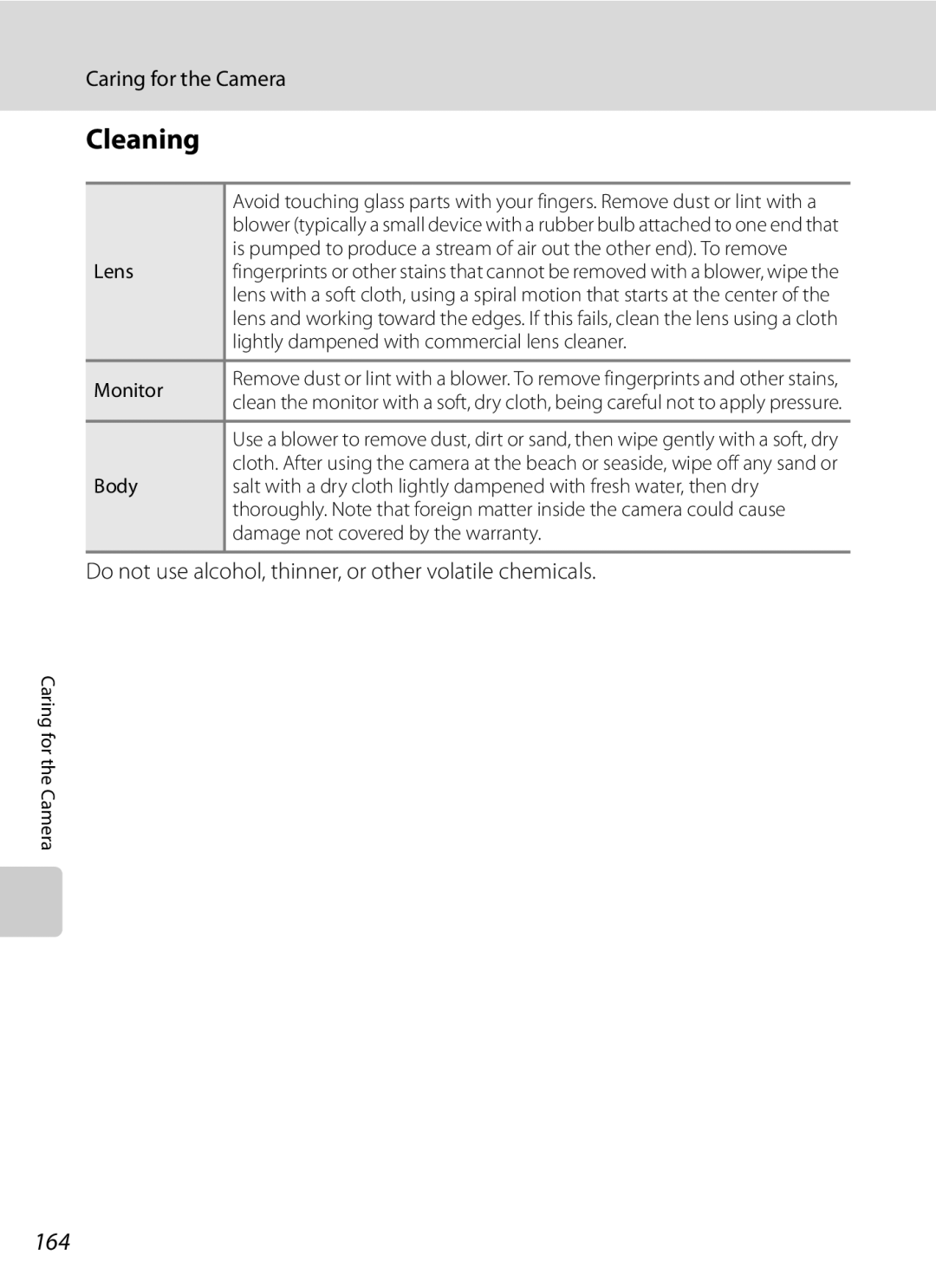 Nikon COOLPIXP300BK user manual Cleaning, 164, Do not use alcohol, thinner, or other volatile chemicals 