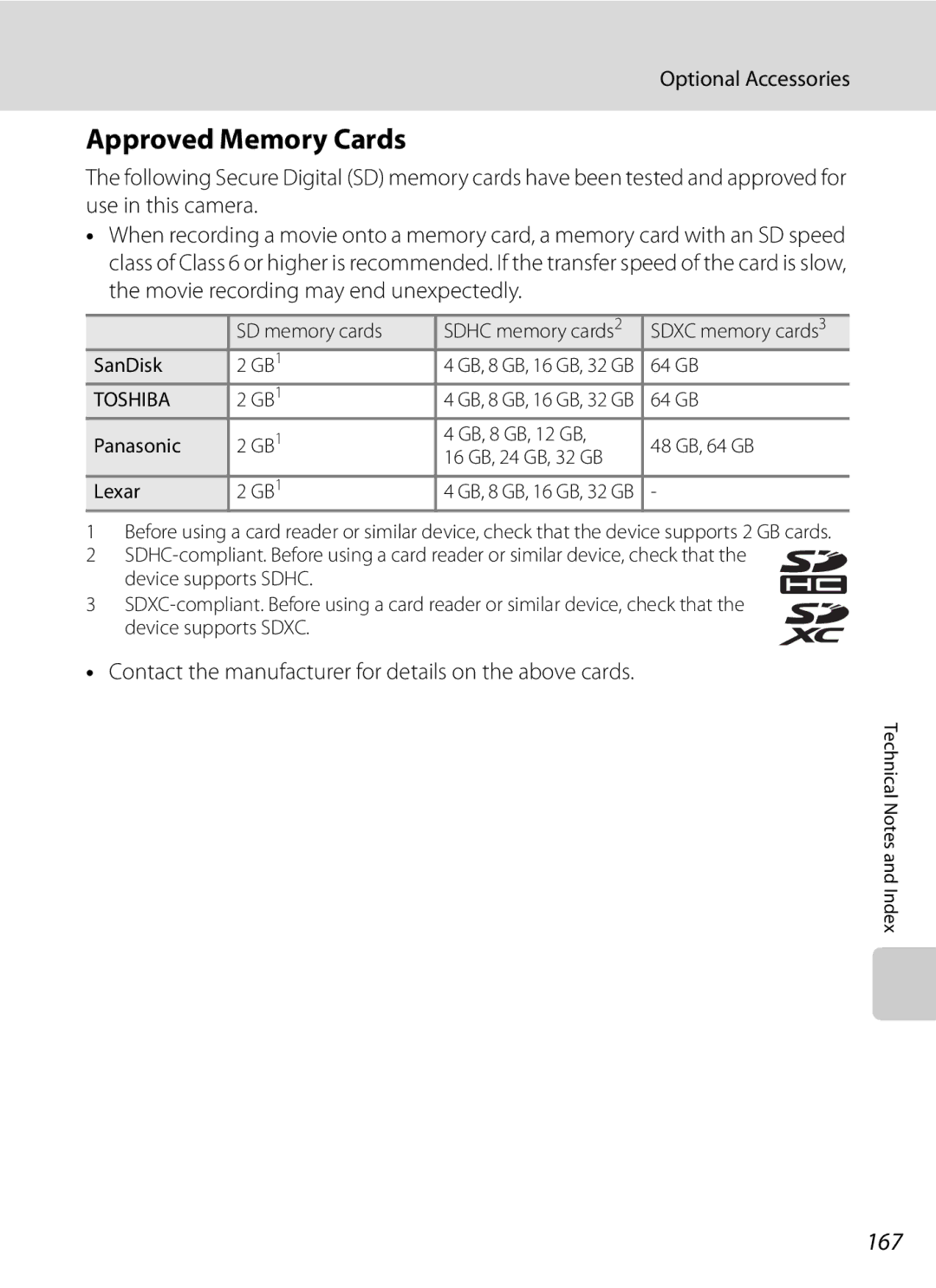 Nikon COOLPIXP300BK user manual Approved Memory Cards, 167, Optional Accessories 