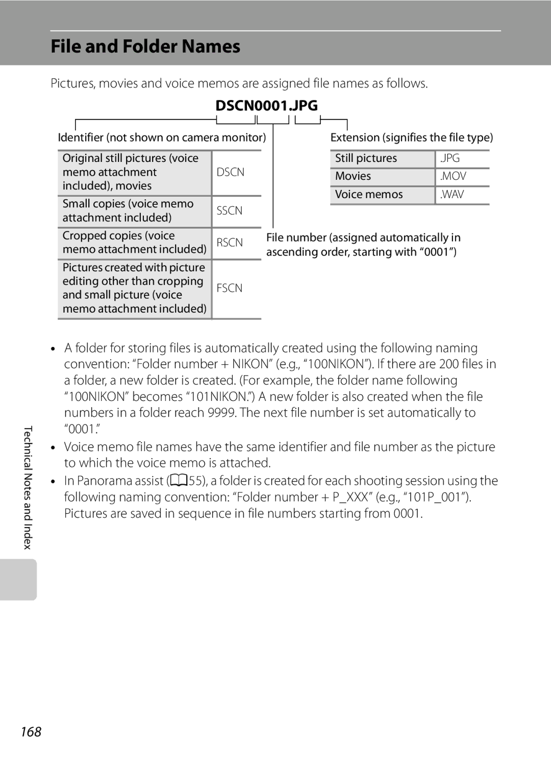 Nikon COOLPIXP300BK user manual File and Folder Names, 168 