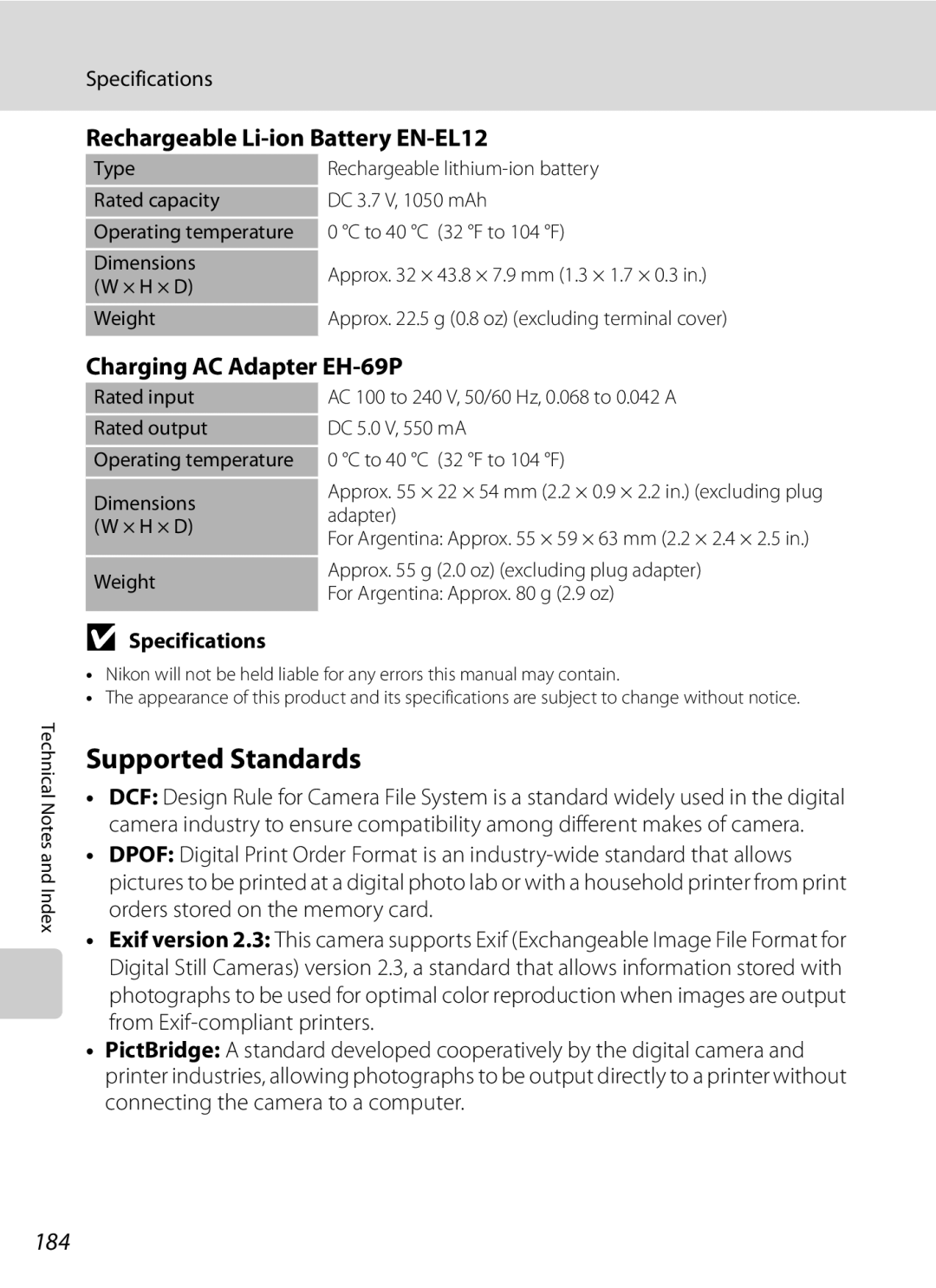 Nikon P300 Supported Standards, Rechargeable Li-ion Battery EN-EL12, Charging AC Adapter EH-69P, 184, Specifications 