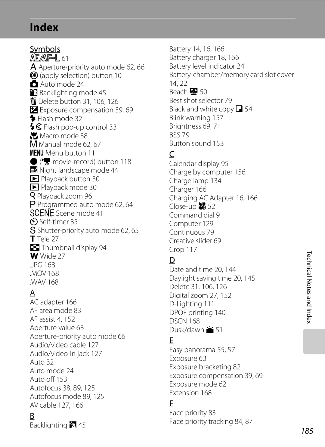 Nikon COOLPIXP300BK user manual Index, Symbols, 185 