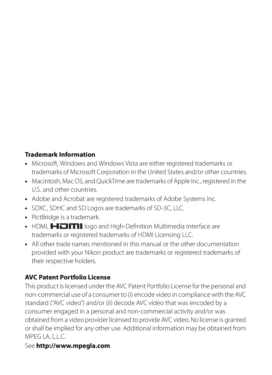 Nikon COOLPIXP300BK user manual Trademark Information, AVC Patent Portfolio License 