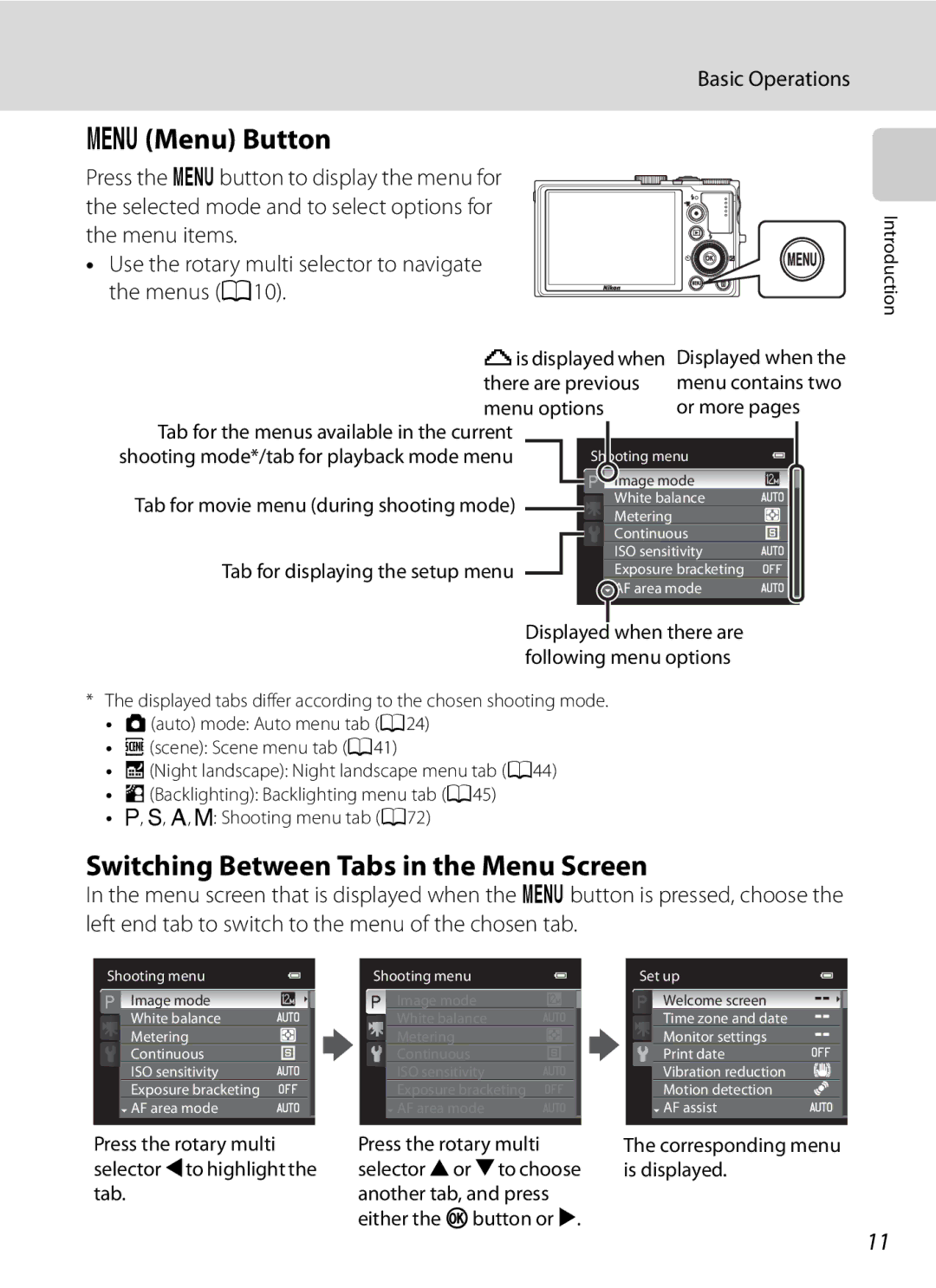 Nikon COOLPIXP300BK user manual DMenu Button, Switching Between Tabs in the Menu Screen, Press the rotary multi 