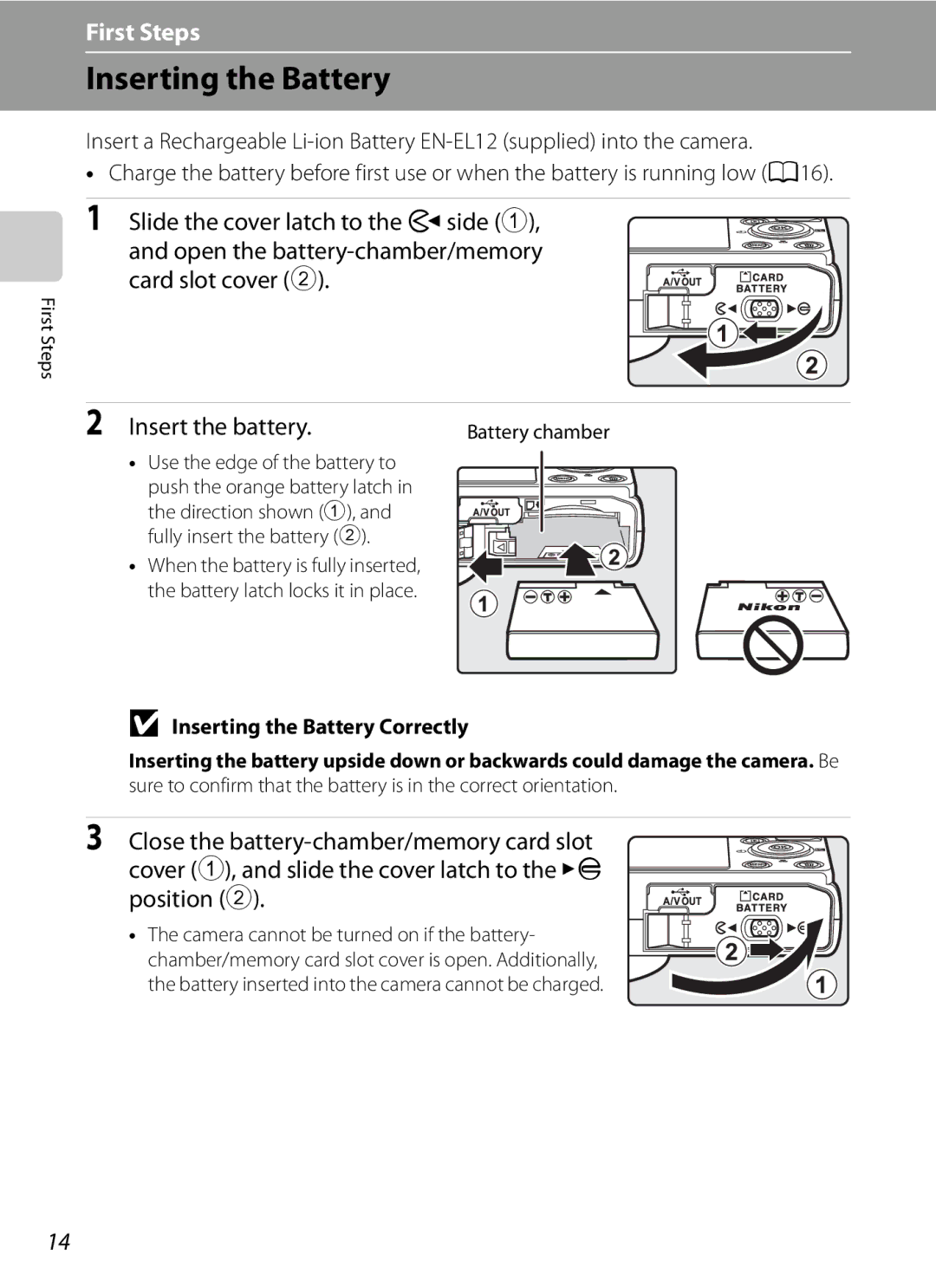 Nikon COOLPIXP300BK user manual Insert the battery, Inserting the Battery Correctly, Use the edge of the battery to 