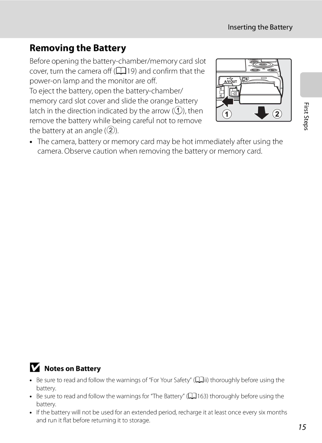 Nikon COOLPIXP300BK user manual Removing the Battery, Inserting the Battery 