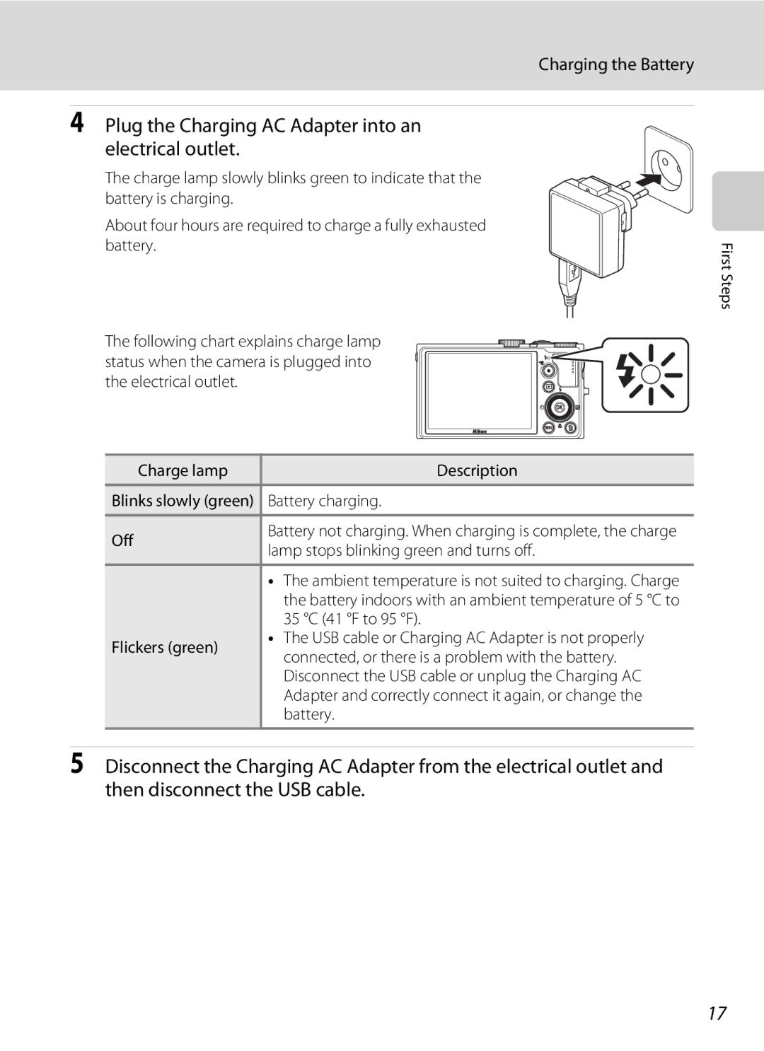 Nikon COOLPIXP300BK user manual Plug the Charging AC Adapter into an electrical outlet, Charging the Battery 