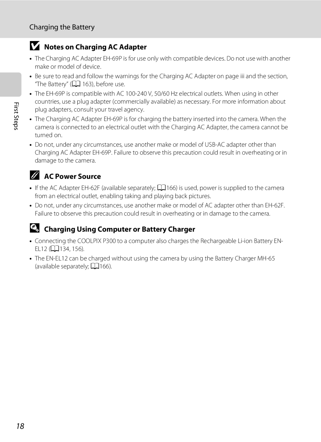 Nikon COOLPIXP300BK user manual AC Power Source, Charging Using Computer or Battery Charger 