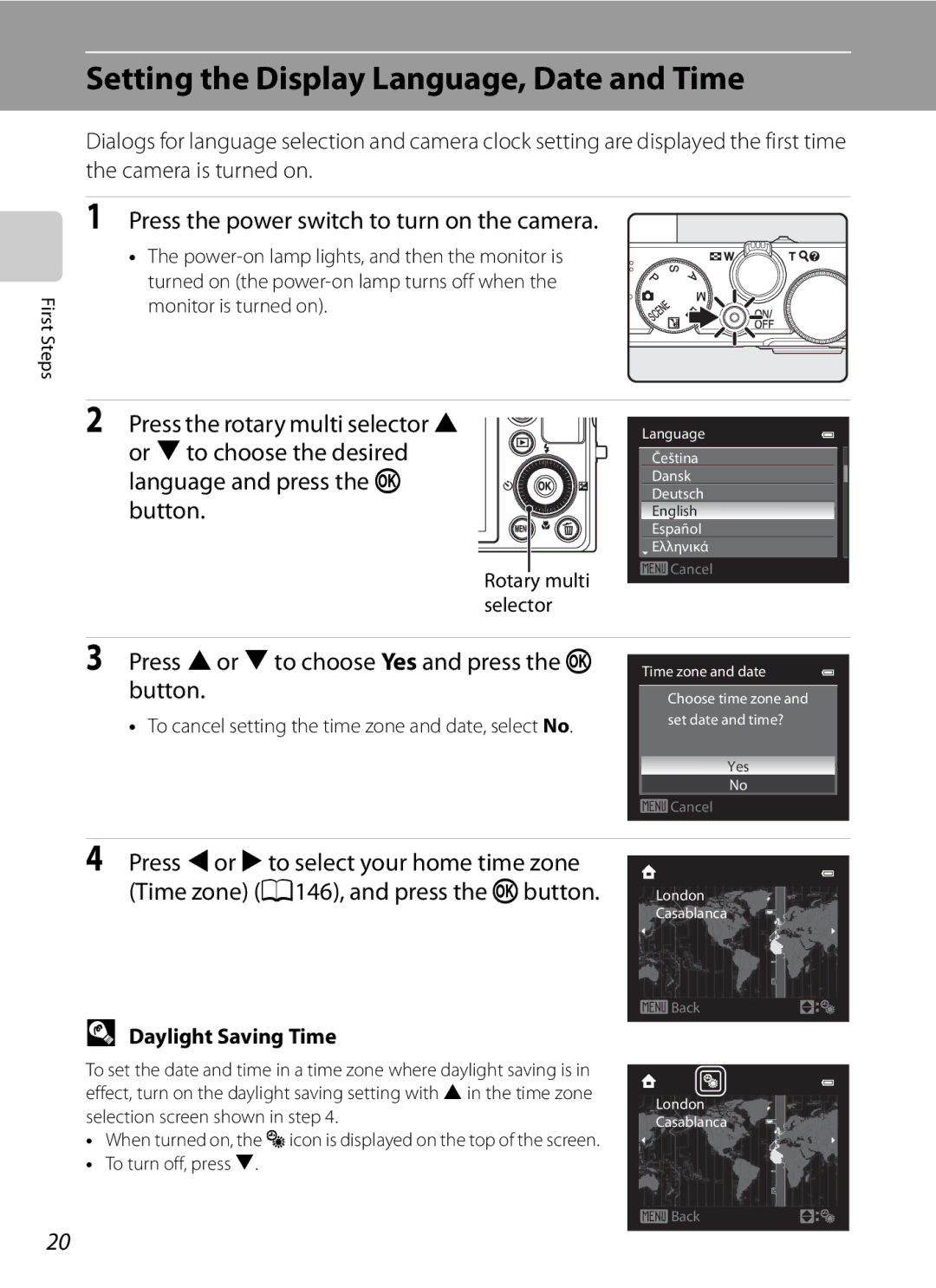 Nikon P300 Setting the Display Language, Date and Time, Press the power switch to turn on the camera, Daylight Saving Time 