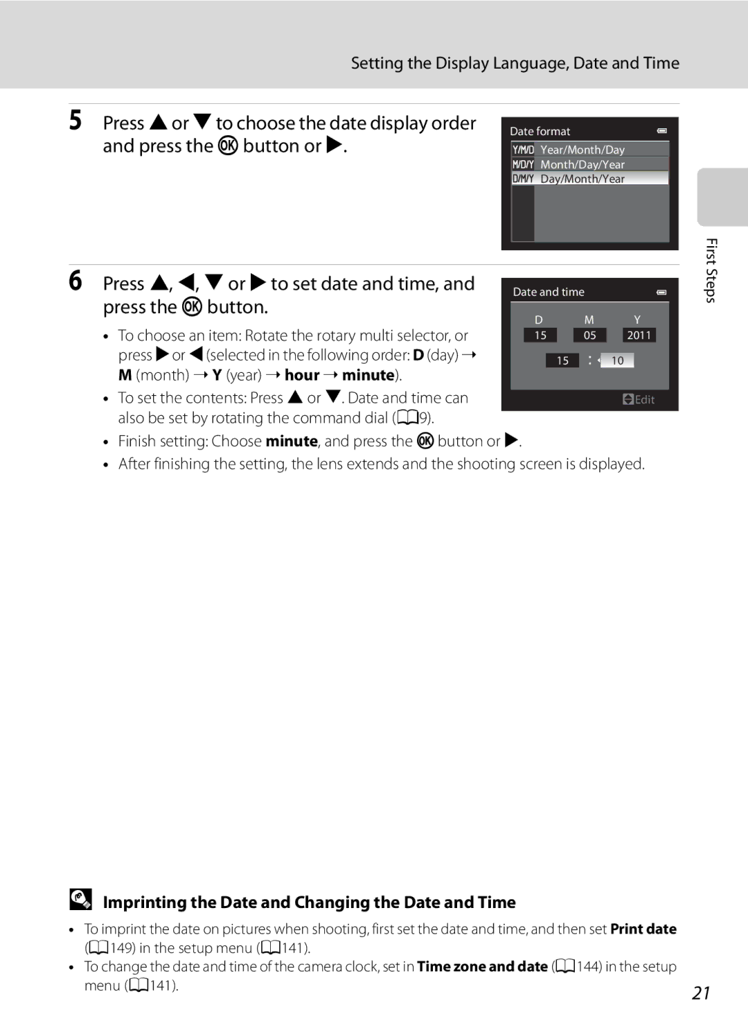 Nikon COOLPIXP300BK user manual Press Hor Ito choose the date display order, Press the kbutton or K 