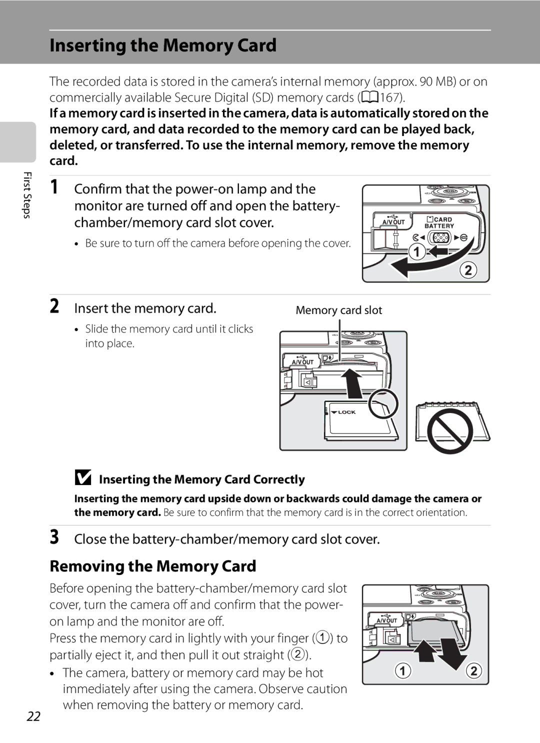 Nikon COOLPIXP300BK user manual Inserting the Memory Card, Removing the Memory Card, Insert the memory card 