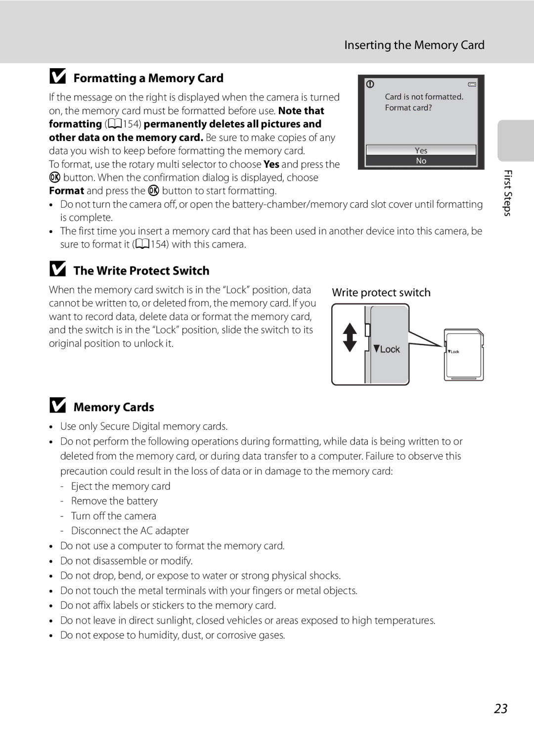 Nikon COOLPIXP300BK user manual Inserting the Memory Card, Formatting a Memory Card, Write Protect Switch, Memory Cards 