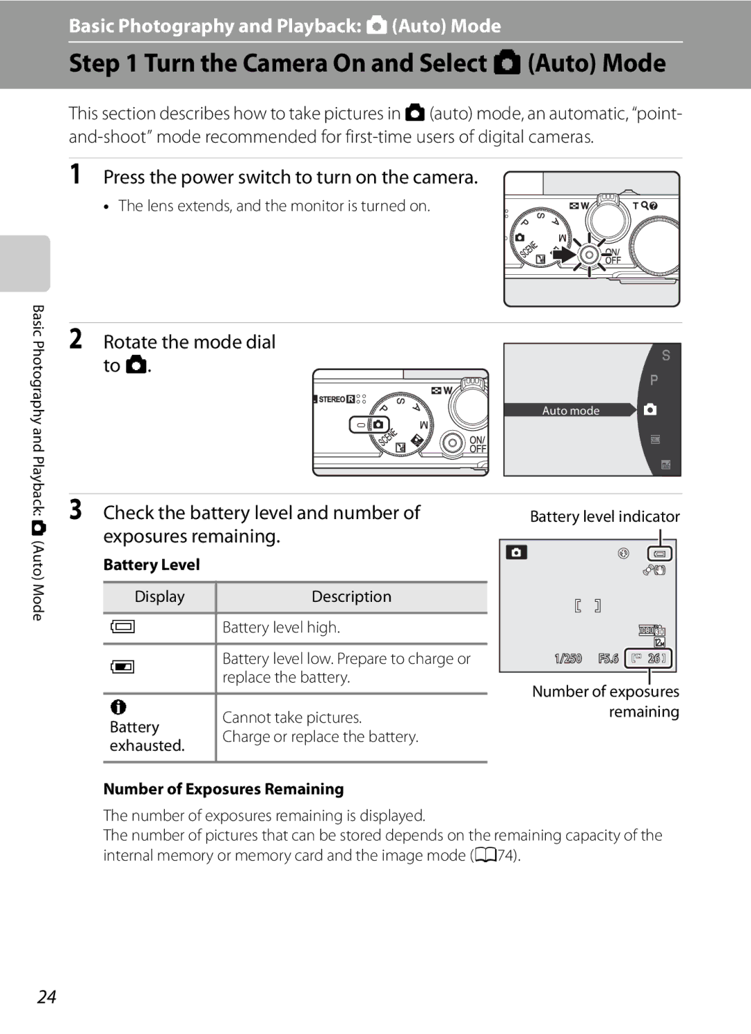 Nikon COOLPIXP300BK user manual Turn the Camera On and Select AAuto Mode, Rotate the mode dial to a 