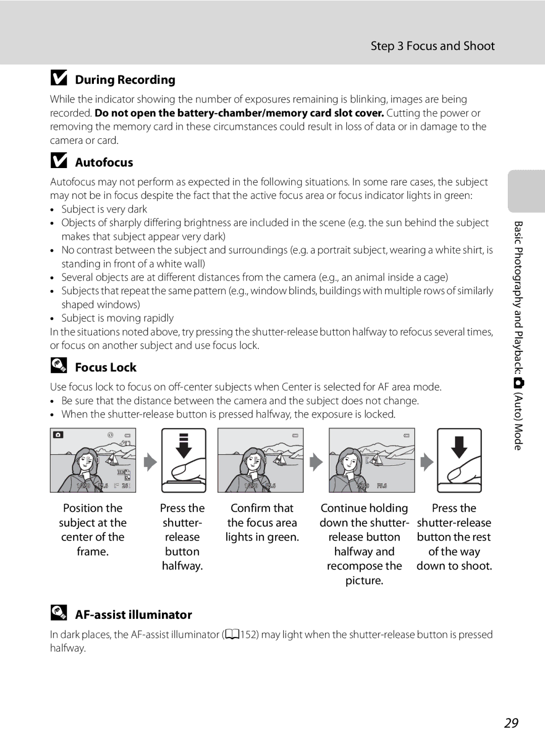 Nikon COOLPIXP300BK user manual Focus and Shoot, During Recording, Autofocus, Focus Lock, AF-assist illuminator 