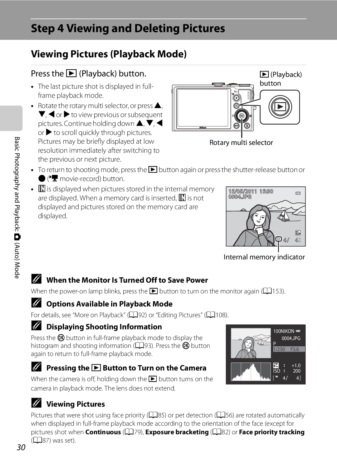 Nikon COOLPIXP300BK Viewing and Deleting Pictures, Viewing Pictures Playback Mode, Press the cPlayback button 