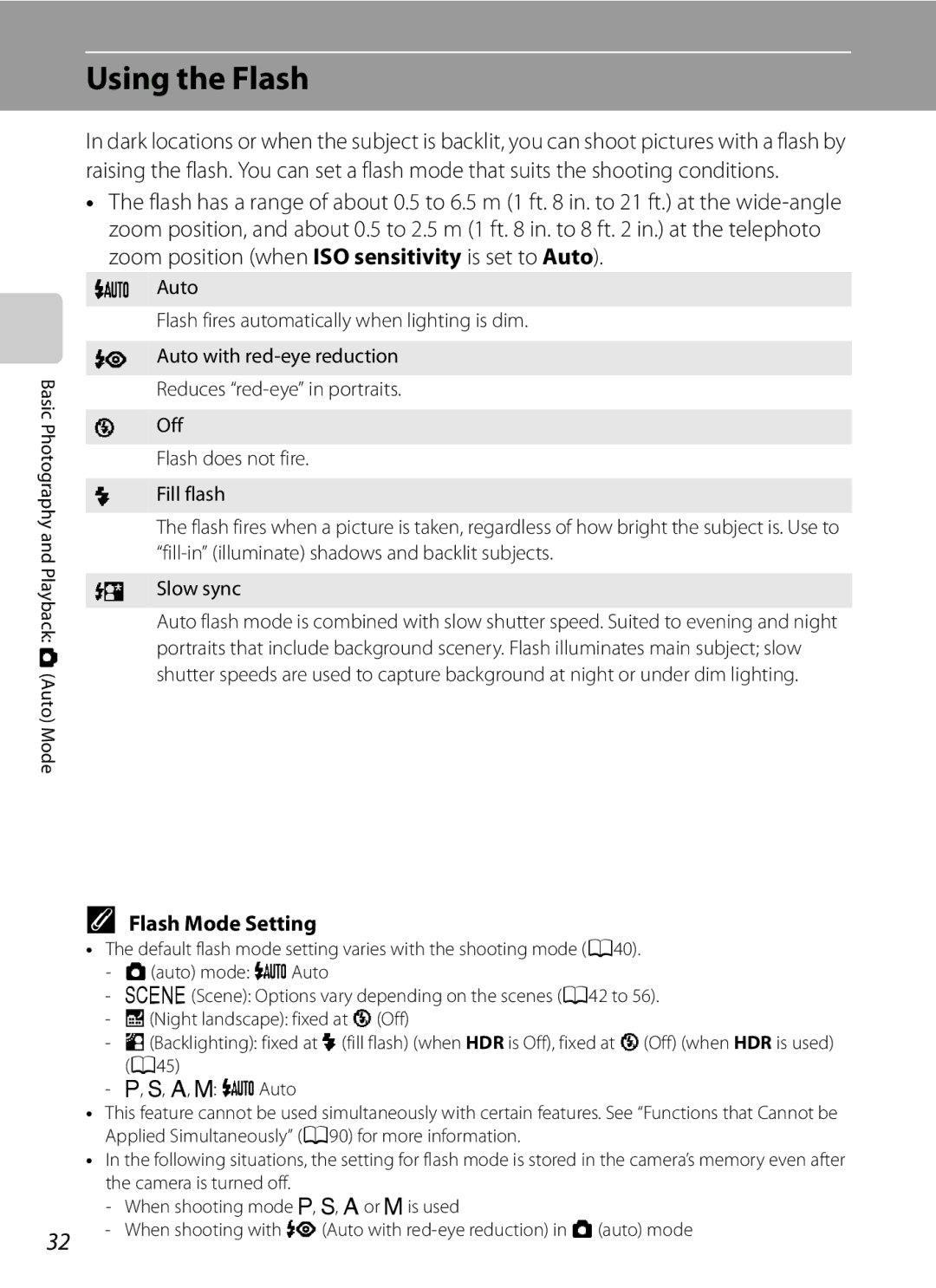 Nikon COOLPIXP300BK user manual Using the Flash, Flash Mode Setting, Auto Flash fires automatically when lighting is dim 