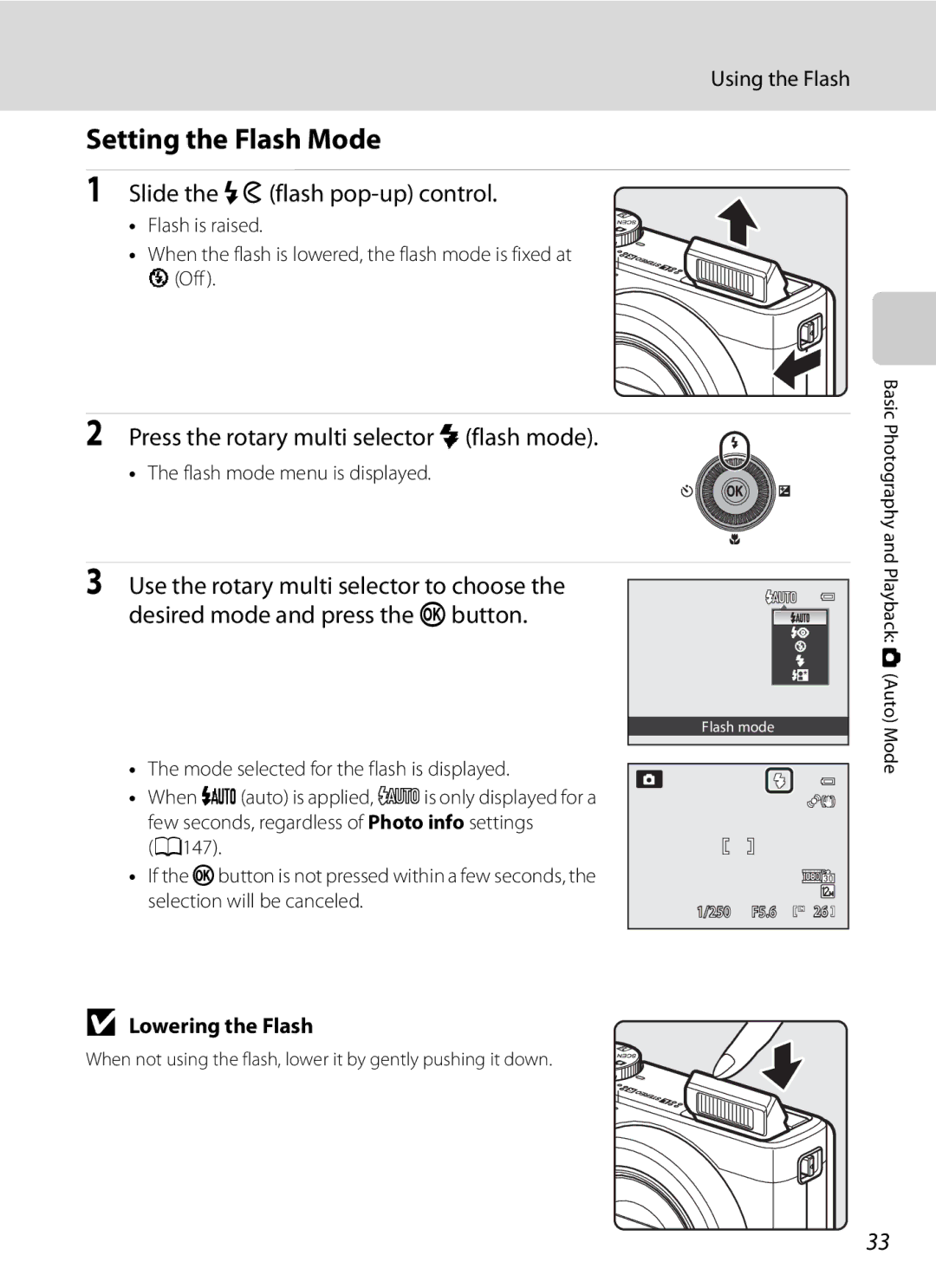 Nikon COOLPIXP300BK Setting the Flash Mode, Slide the Kflash pop-up control, Press the rotary multi selector mflash mode 