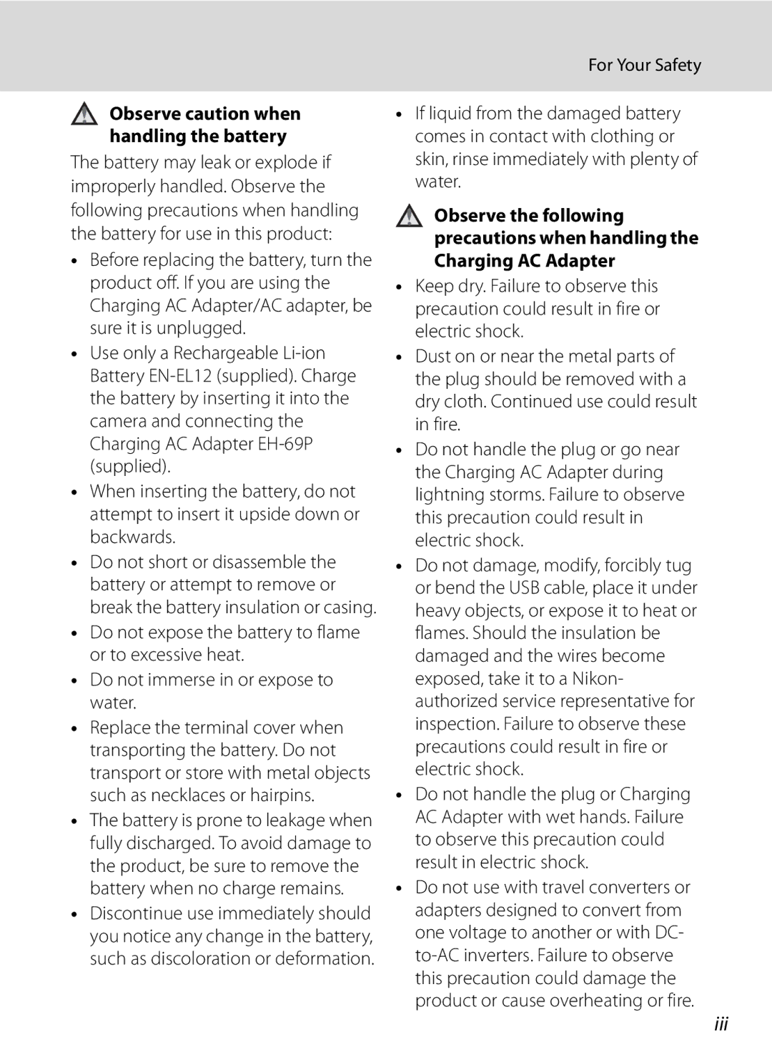 Nikon COOLPIXP300BK user manual Iii, For Your Safety 