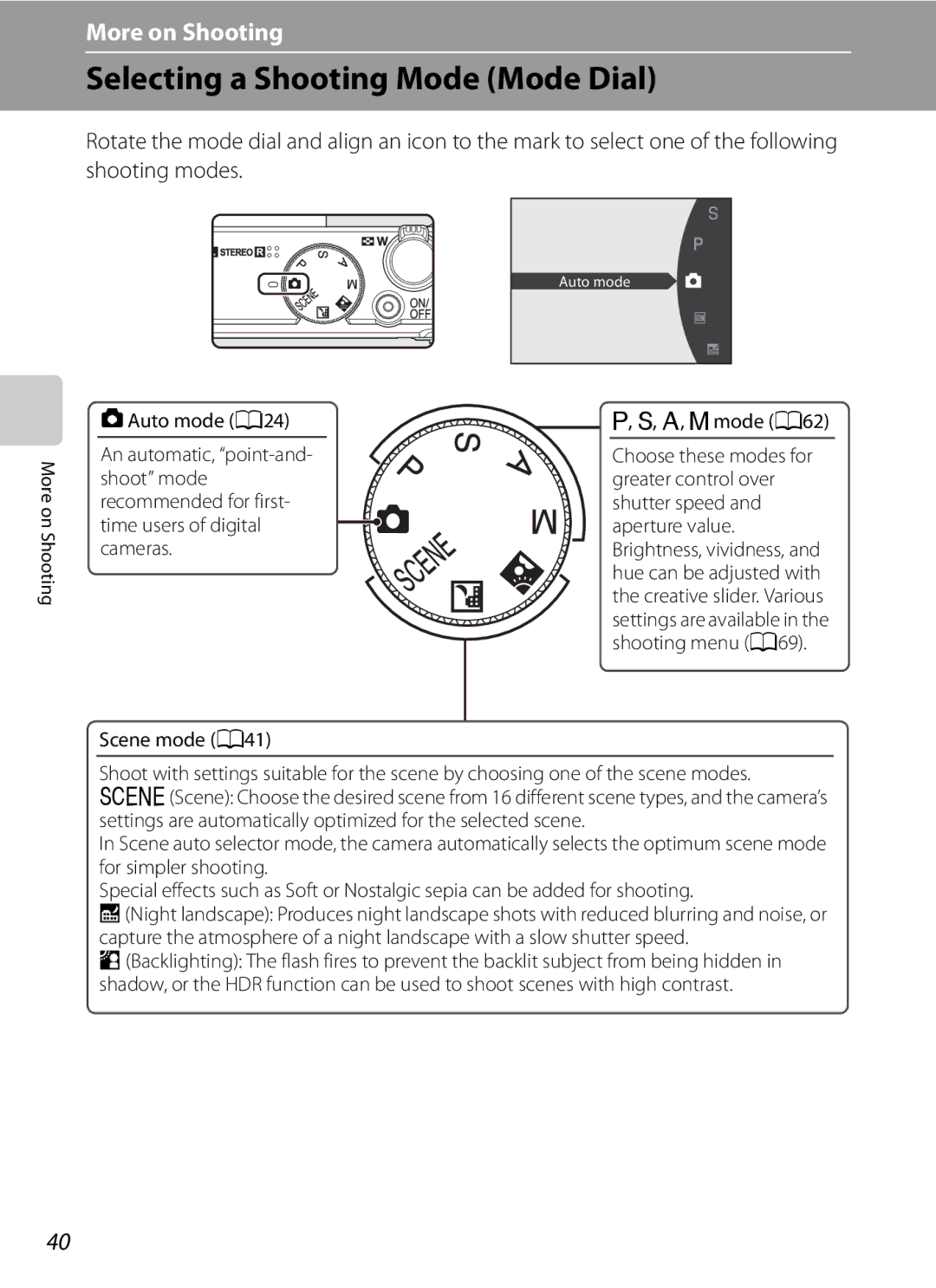 Nikon COOLPIXP300BK user manual Selecting a Shooting Mode Mode Dial 