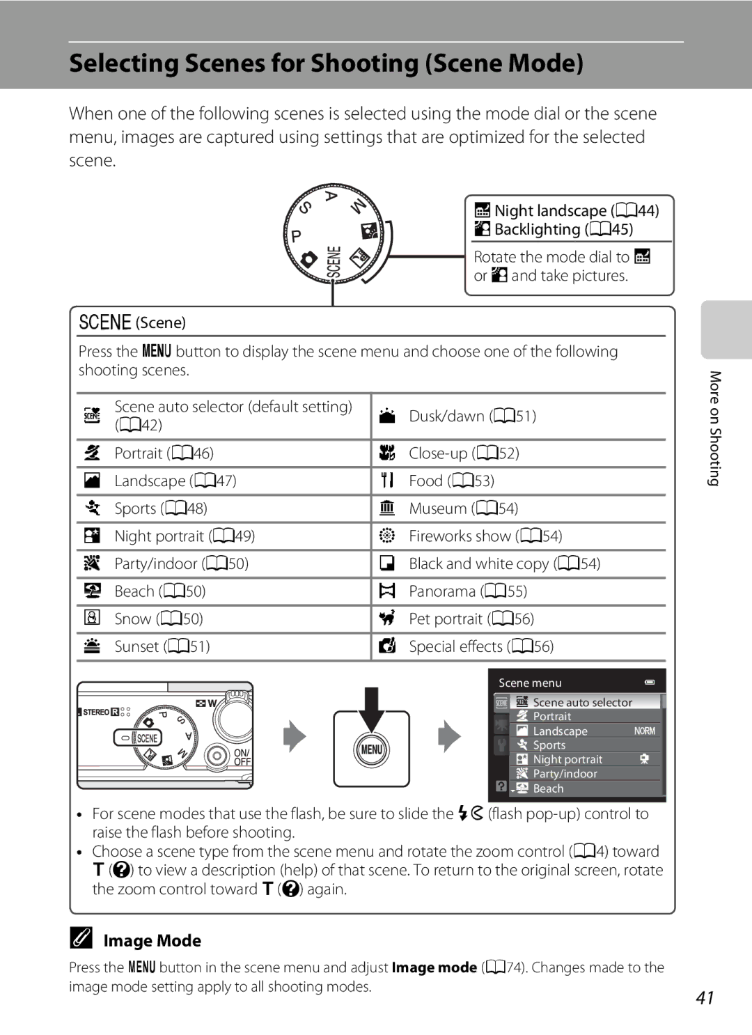 Nikon COOLPIXP300BK Selecting Scenes for Shooting Scene Mode, Image Mode, JNight landscape A44 oBacklighting A45 