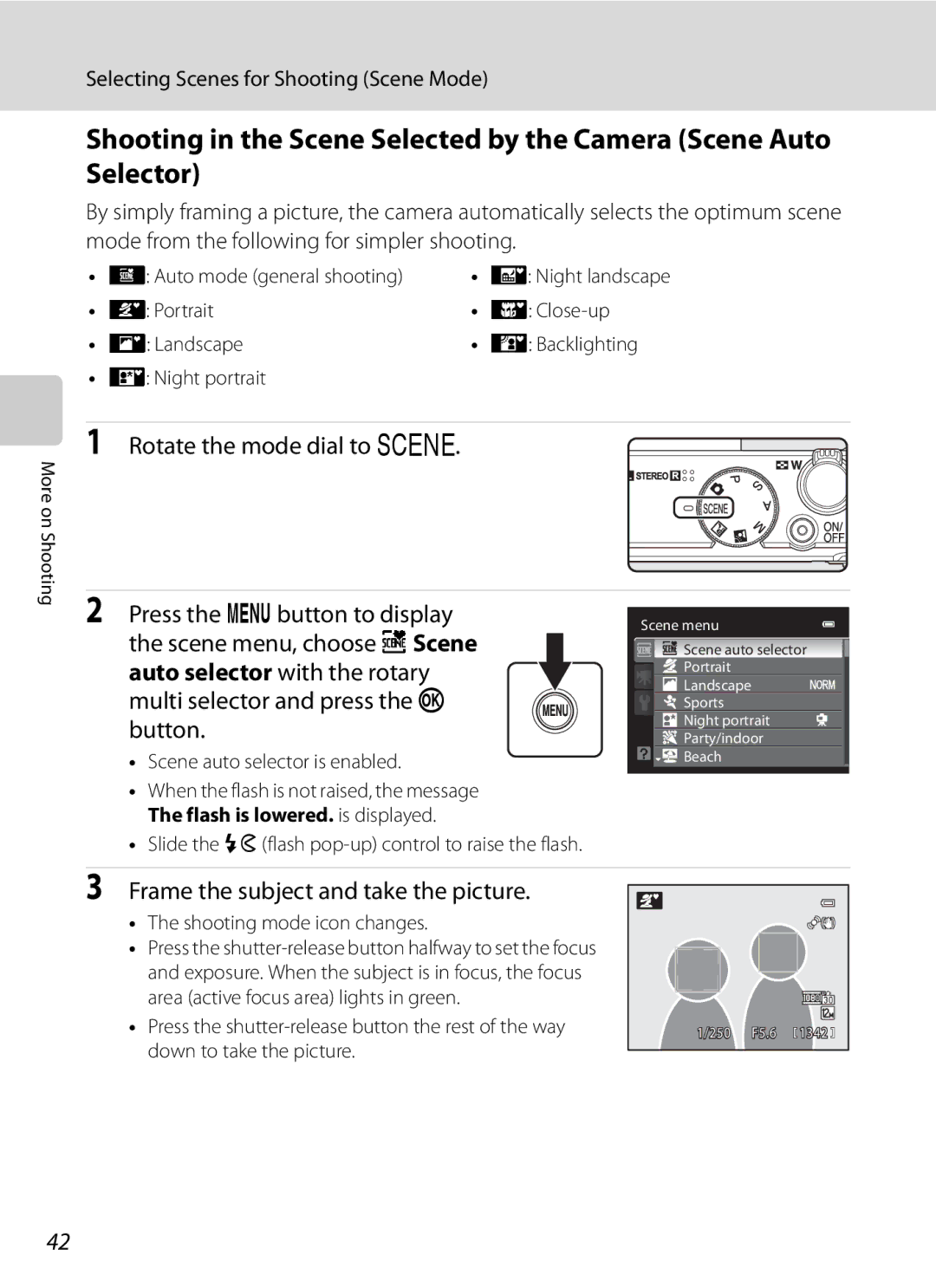 Nikon P300 Rotate the mode dial to y, Frame the subject and take the picture, Selecting Scenes for Shooting Scene Mode 