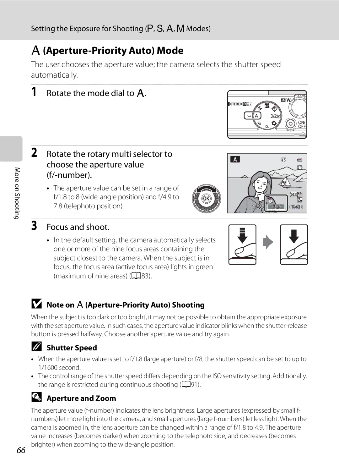 Nikon COOLPIXP300BK user manual Aperture-Priority Auto Mode, Rotate the mode dial to C, Aperture and Zoom 