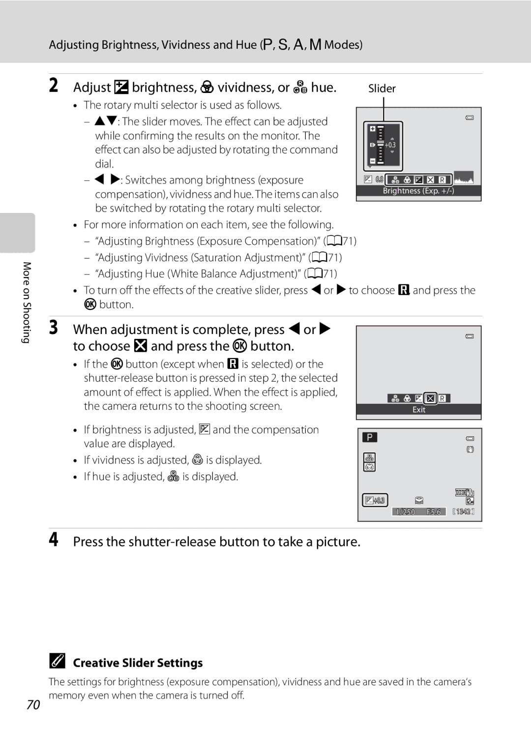 Nikon COOLPIXP300BK Adjust obrightness, Gvividness, or Fhue, Adjusting Brightness, Vividness and Hue A, B, C, DModes 