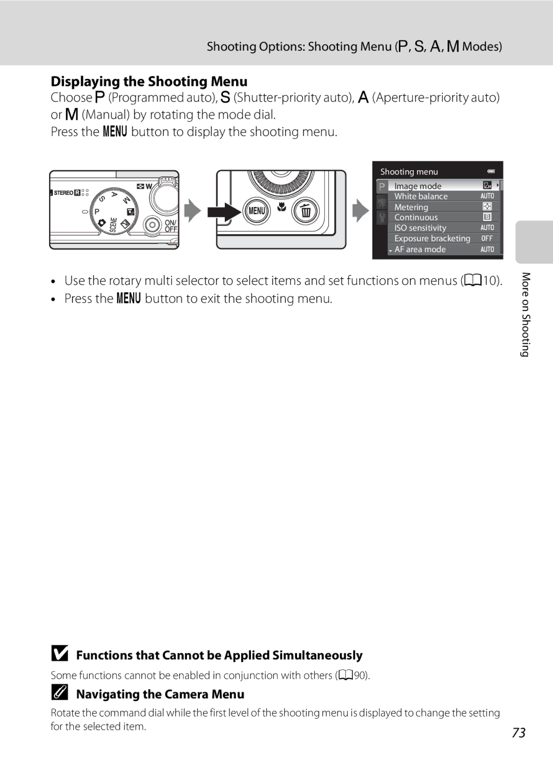 Nikon COOLPIXP300BK user manual Displaying the Shooting Menu, Shooting Options Shooting Menu A, B, C, DModes 