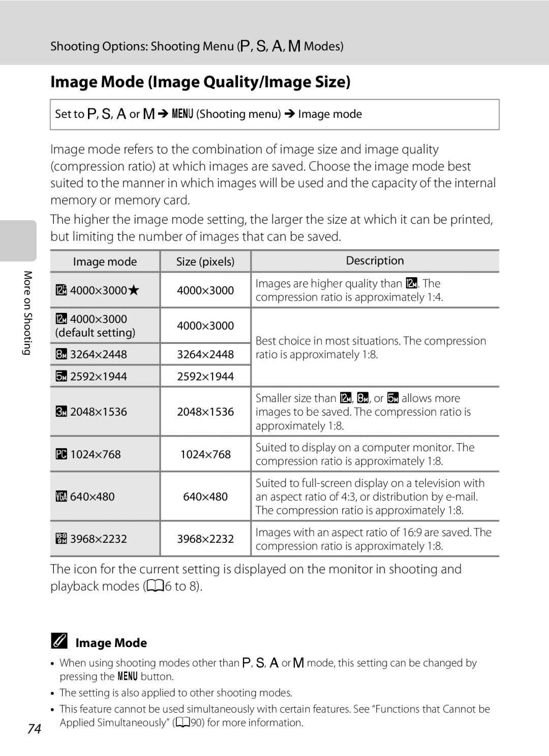 Nikon COOLPIXP300BK user manual Image Mode Image Quality/Image Size 