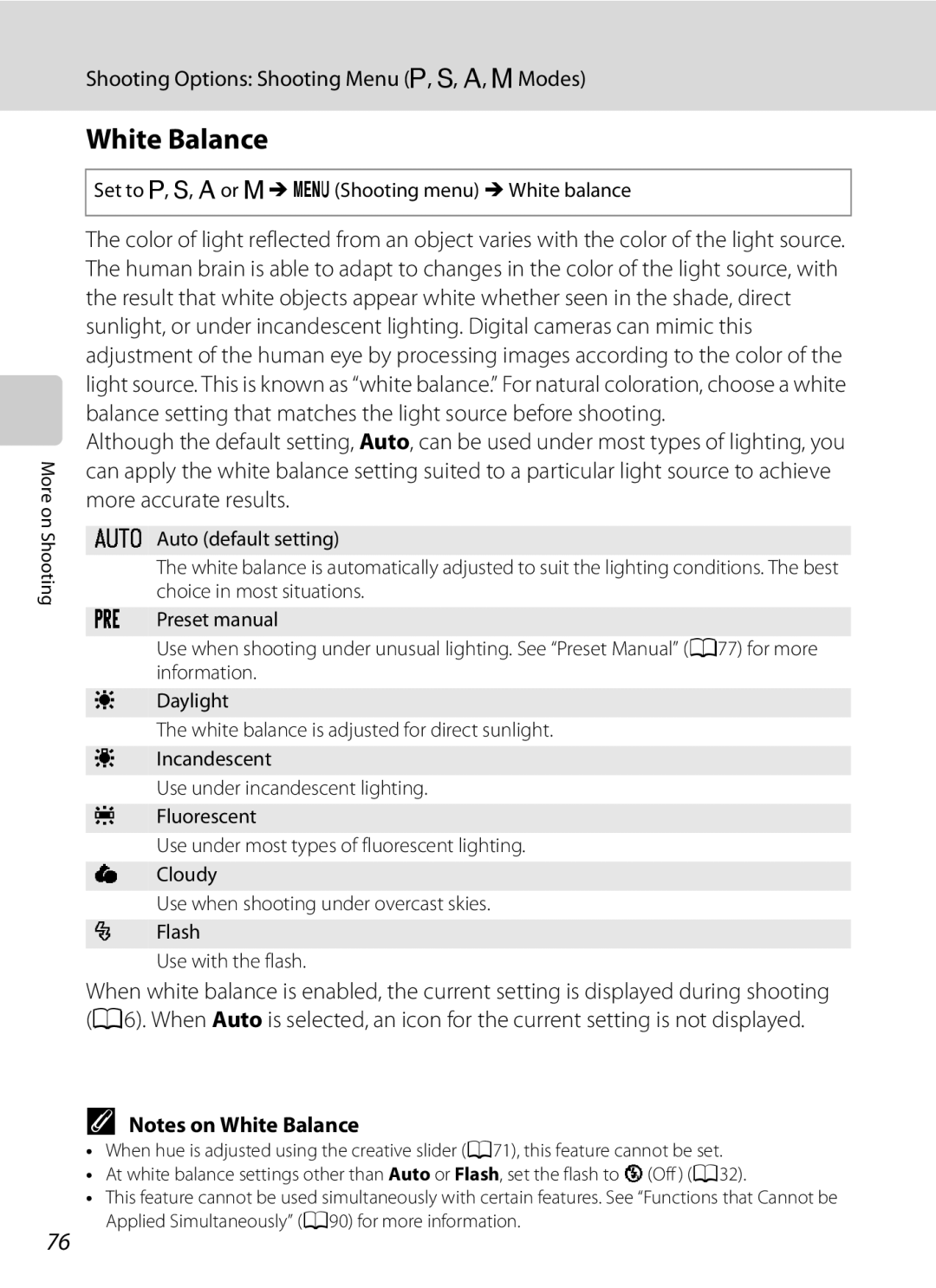 Nikon COOLPIXP300BK user manual White Balance, Set to A, B, Cor DMdShooting menu MWhite balance 