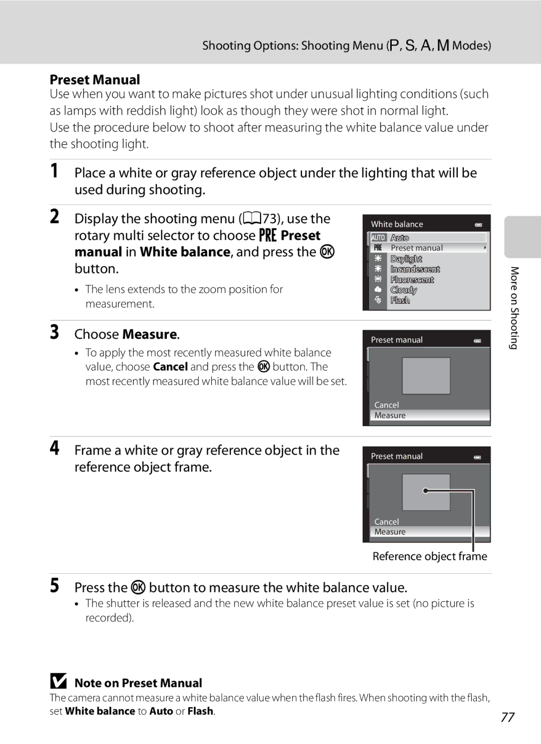 Nikon COOLPIXP300BK user manual Preset Manual, Choose Measure, Press the kbutton to measure the white balance value 