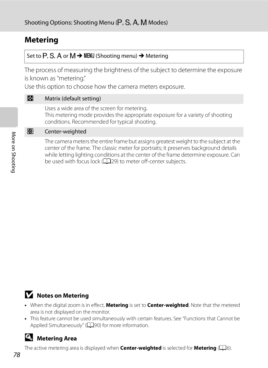 Nikon COOLPIXP300BK user manual Metering Area, Set to A, B, Cor DMdShooting menu MMetering 