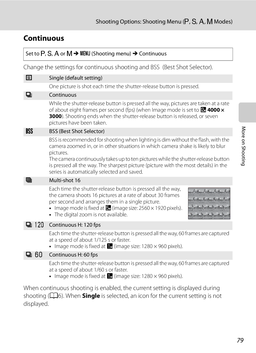 Nikon COOLPIXP300BK user manual Set to A, B, Cor DMdShooting menu MContinuous, Multi-shot 