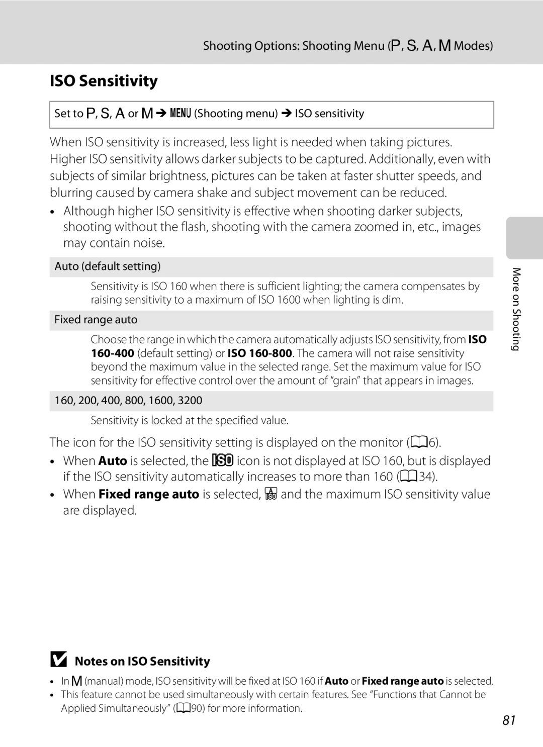 Nikon COOLPIXP300BK user manual ISO Sensitivity, Set to A, B, Cor DMdShooting menu Miso sensitivity, Auto default setting 