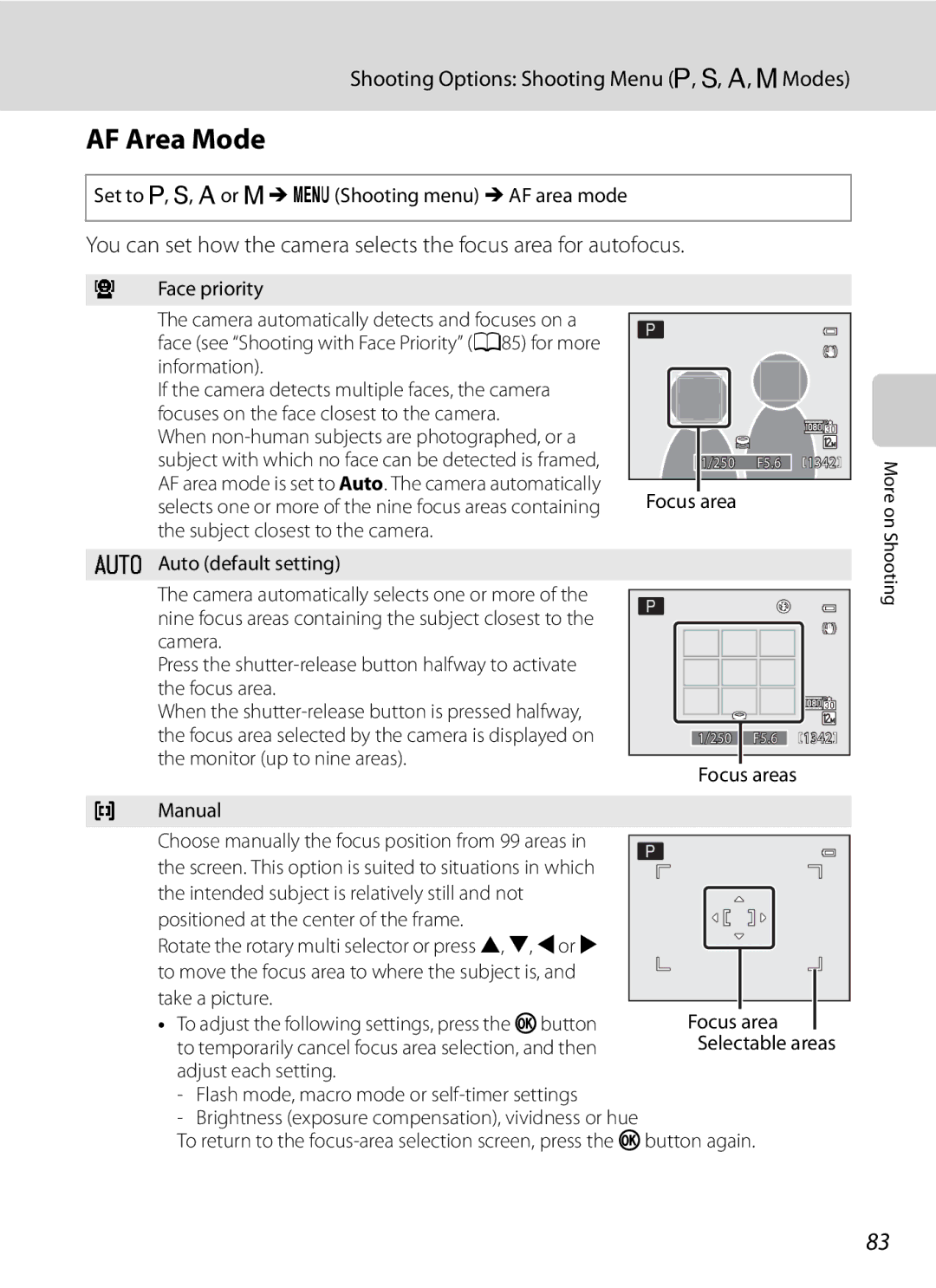 Nikon COOLPIXP300BK user manual AF Area Mode, Set to A, B, Cor DMdShooting menu MAF area mode, Focus area 