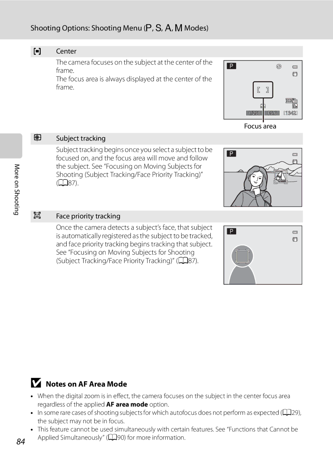 Nikon COOLPIXP300BK user manual Focus area Subject tracking 