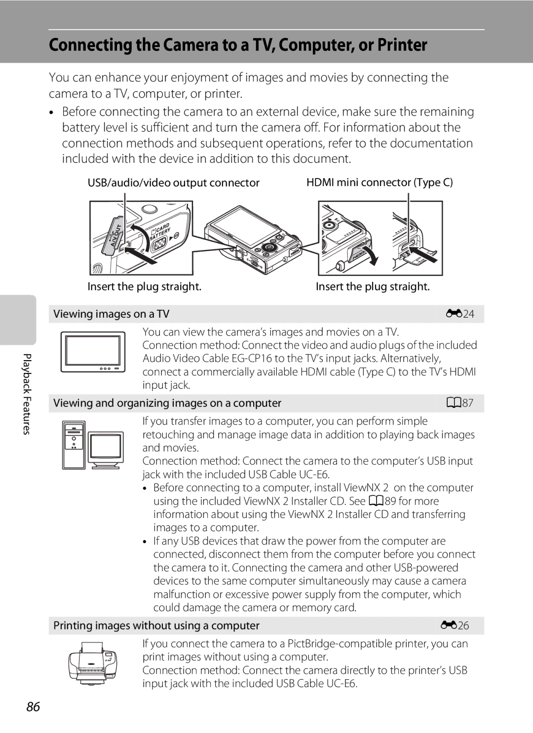 Nikon P310 manual Connecting the Camera to a TV, Computer, or Printer 