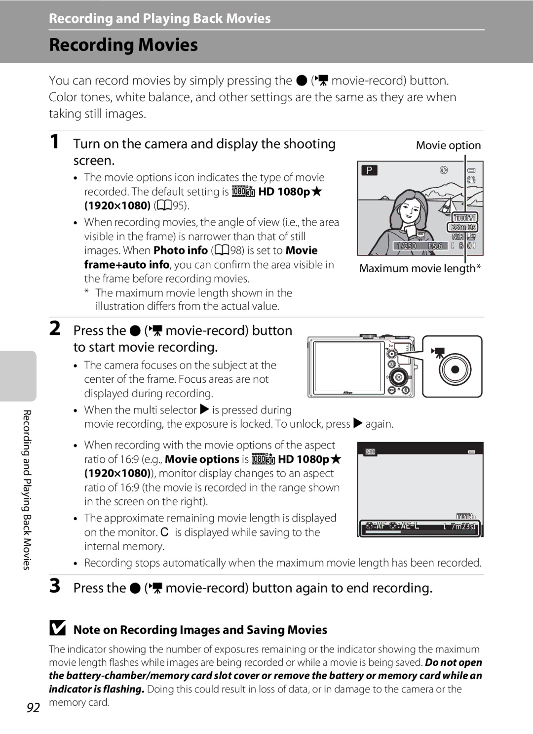 Nikon P310 manual Recording Movies, Turn on the camera and display the shooting screen, 1920×1080 A95 