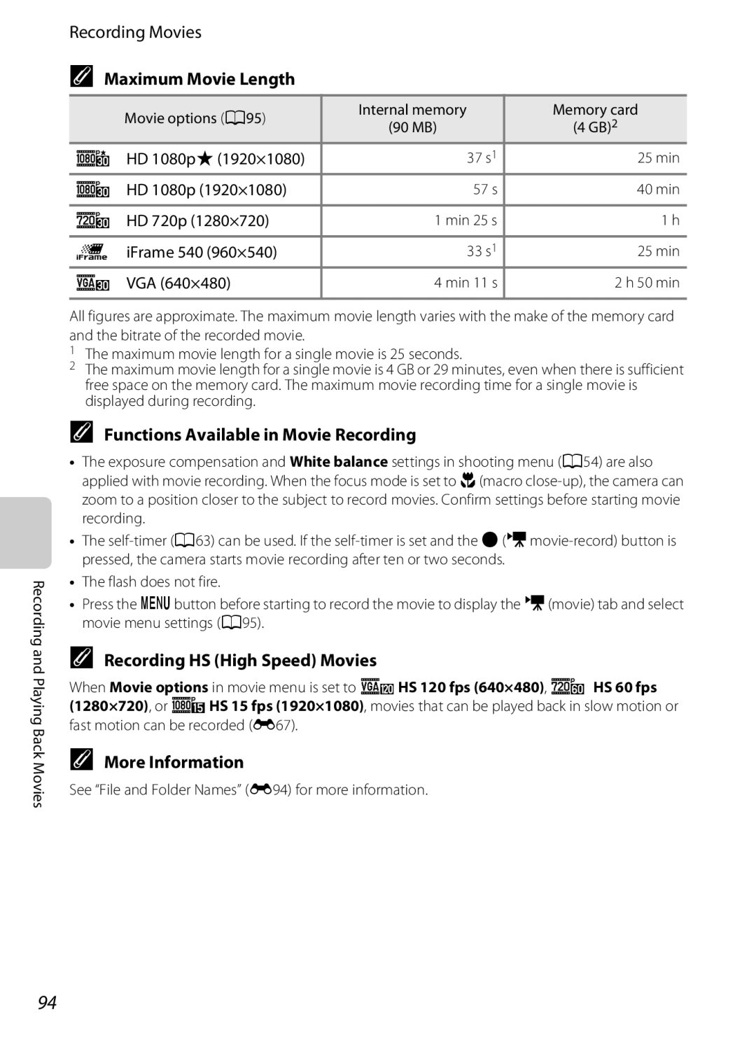 Nikon P310 manual Maximum Movie Length, Functions Available in Movie Recording, Recording HS High Speed Movies 