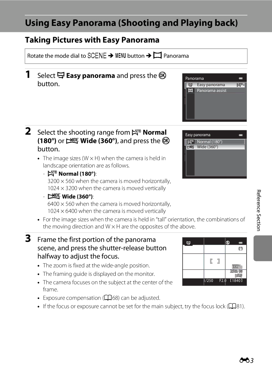 Nikon P310 manual Using Easy Panorama Shooting and Playing back, Taking Pictures with Easy Panorama, WNormal, XWide 