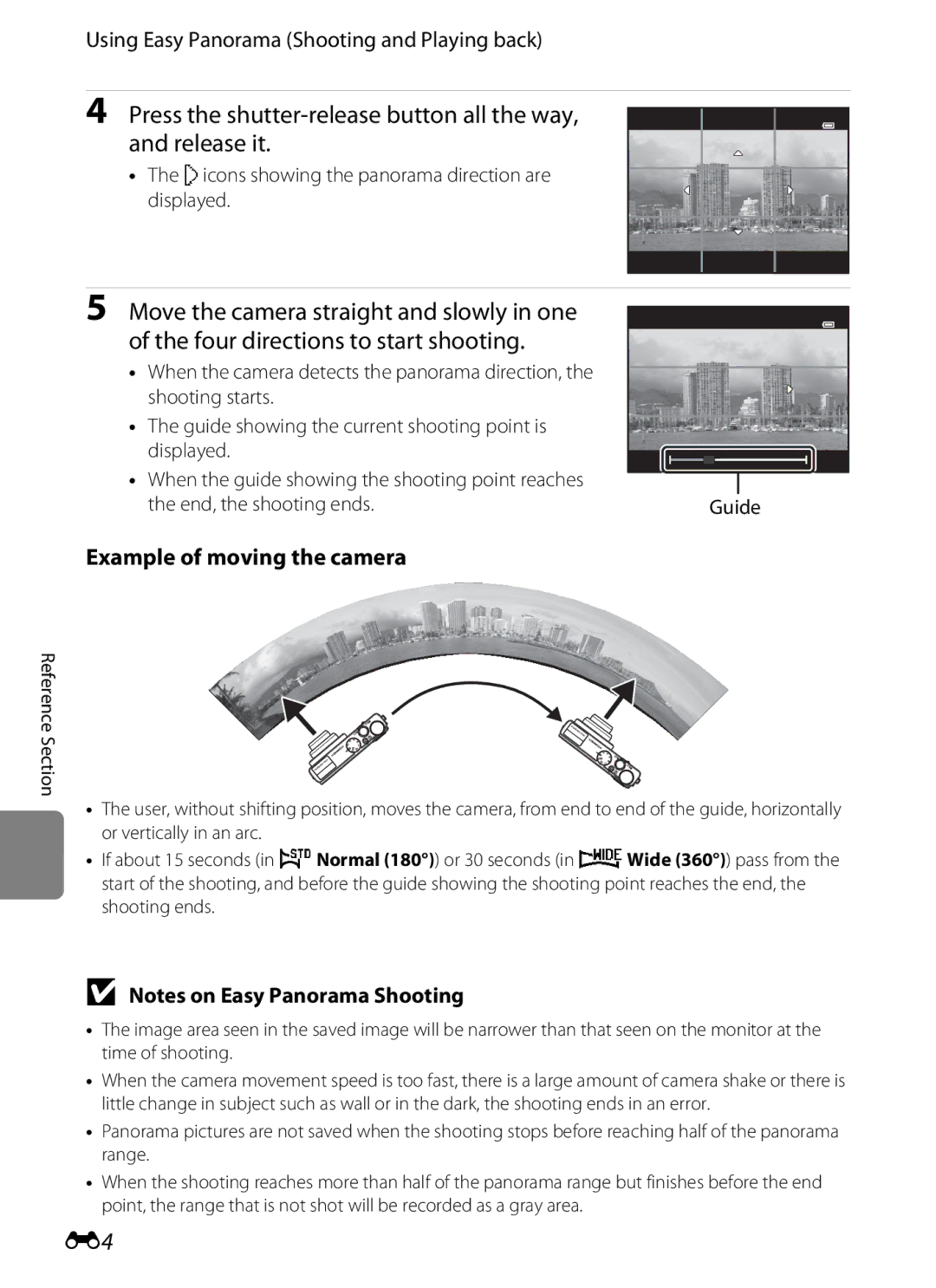 Nikon P310 manual Using Easy Panorama Shooting and Playing back, Example of moving the camera, End, the shooting ends Guide 