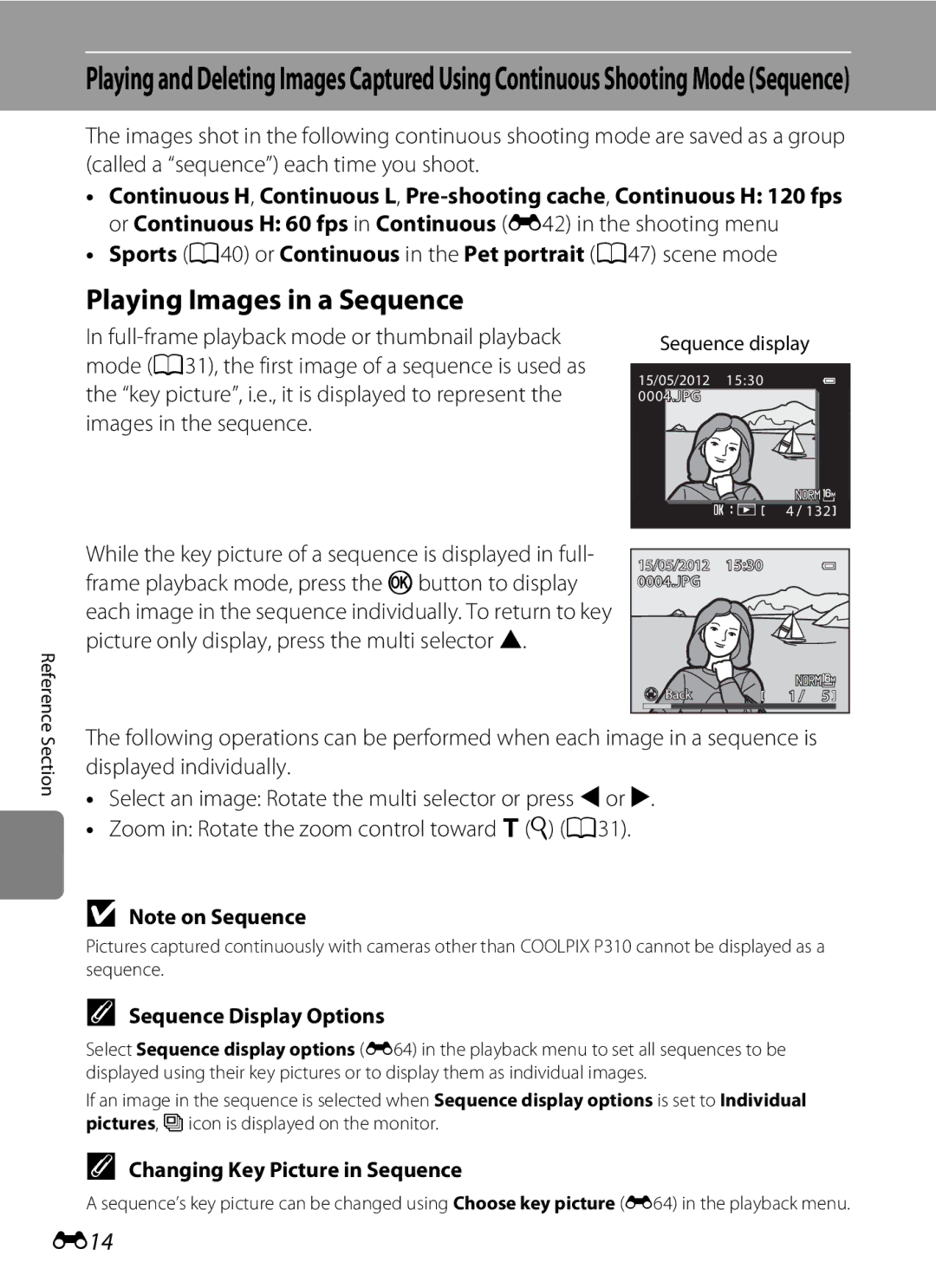 Nikon P310 Playing Images in a Sequence, E14, Sequence Display Options, Changing Key Picture in Sequence, Sequence display 