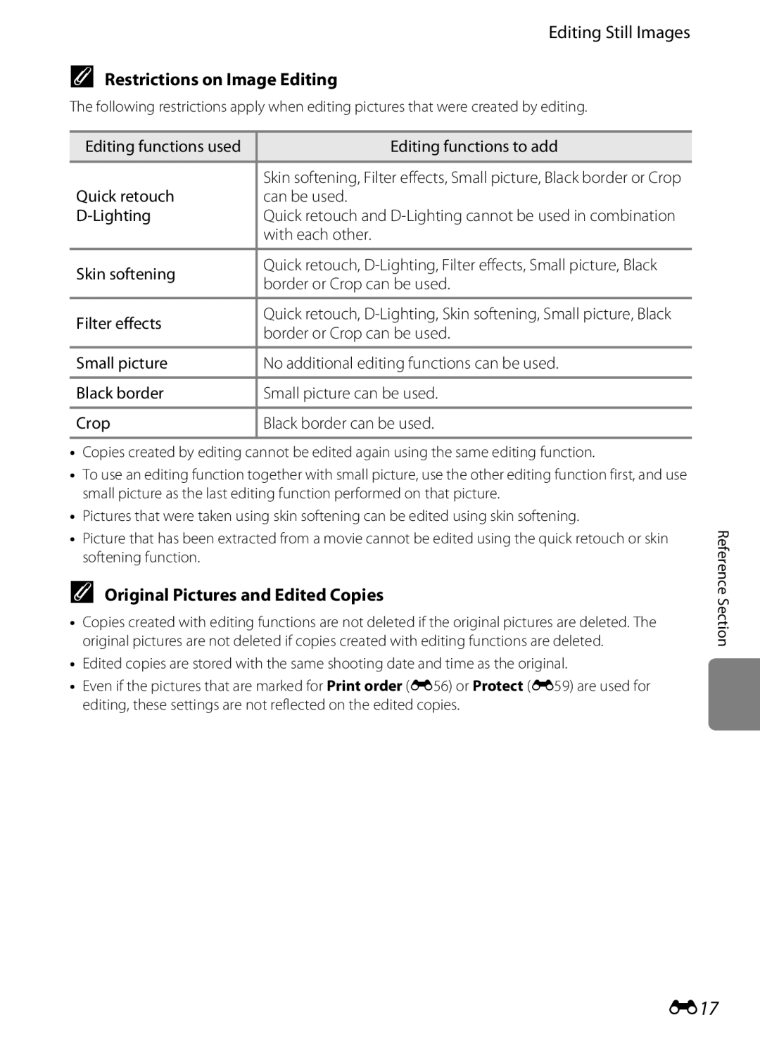 Nikon P310 manual E17, Editing Still Images, Restrictions on Image Editing, Original Pictures and Edited Copies 